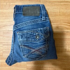 BKE Aiden Jeans Men's 27 R Denim Bootleg Stretch Whiskered Buckle Pants 27x27